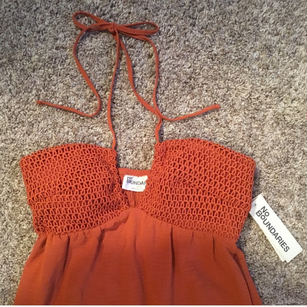 No Boundaries Womens Halter Maxi Dress Saturn Rust Crochet Smocked Small 4-6 NEW - Picture 6 of 6